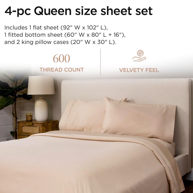 Threadmill 100% Cotton Sheets for Queen Size Bed - 600 Thread Count Queen Bed Sheets Set with 16â€ Deep Pocket - Sateen Weave 4-Piece Bedding Set with Cooling Effect, Beige - Image 2